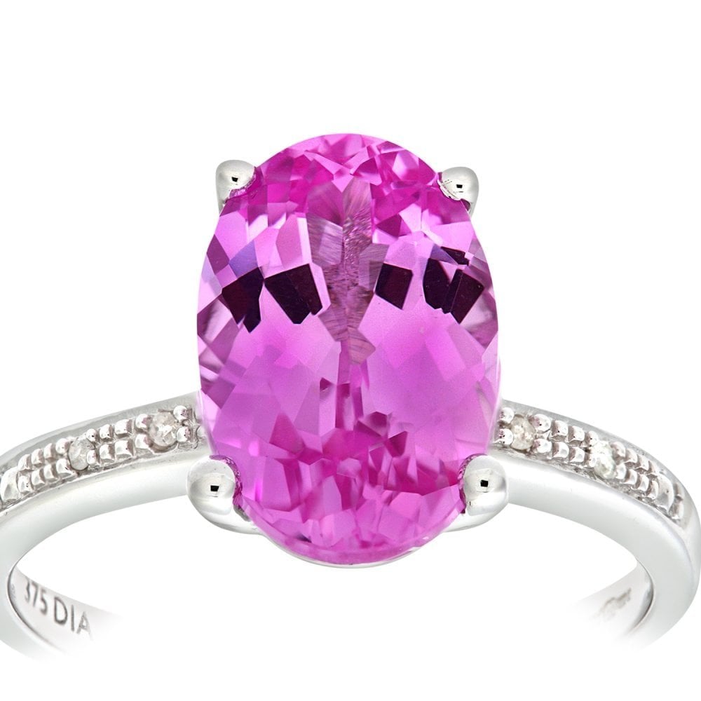 9ct White Gold Single Stone Pink Sapphire with 0.03ct Diamond Collette and Shoulders Ladies Ring