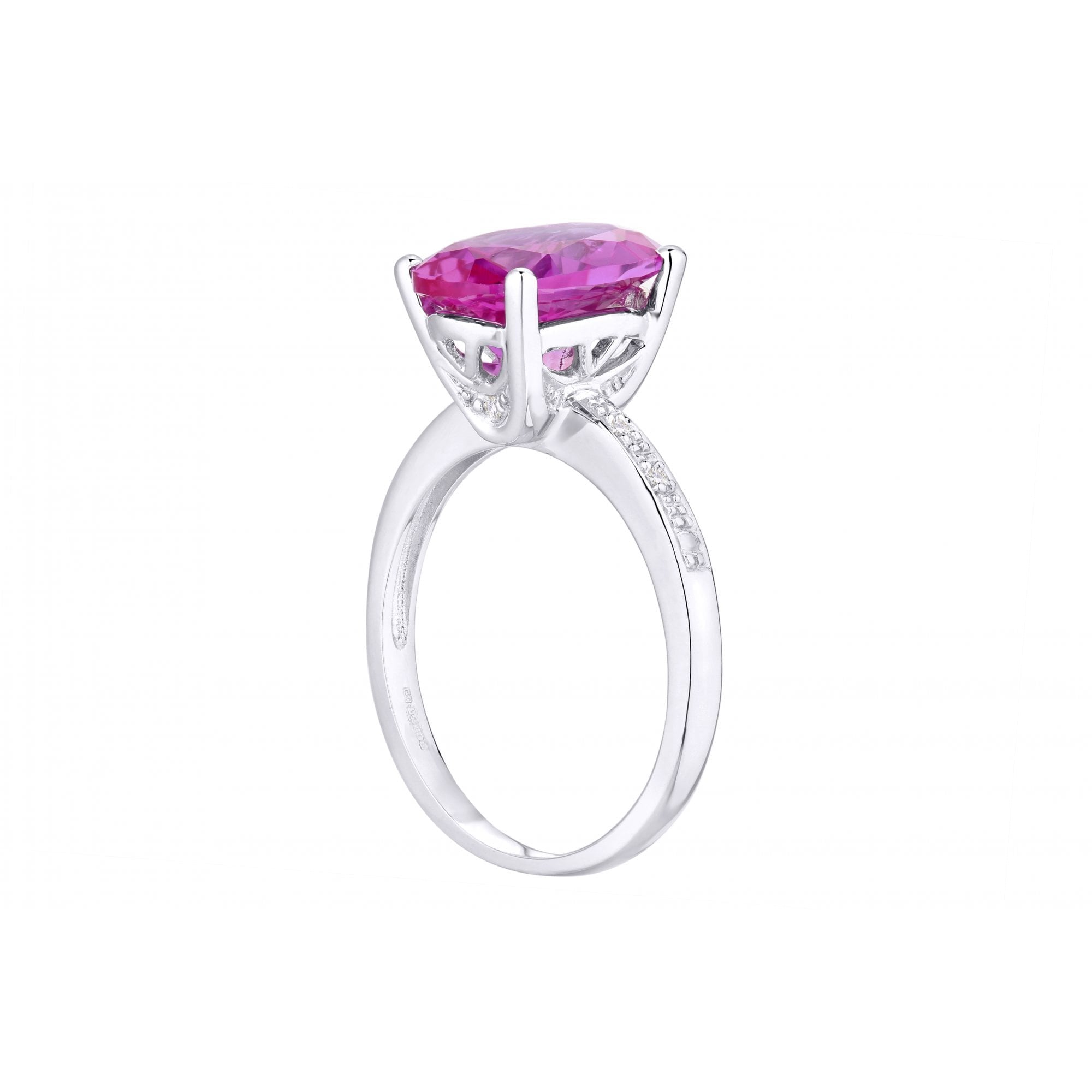 9ct White Gold Single Stone Pink Sapphire with 0.03ct Diamond Collette and Shoulders Ladies Ring