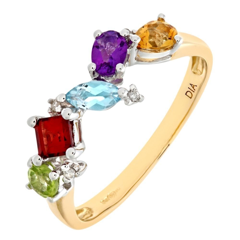 9ct Yellow Gold 0.02ct Diamond and Multi Gem Stone Ring