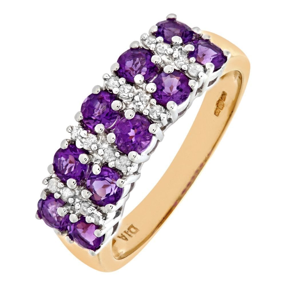 9ct Yellow Gold Ladies 0.10ct Diamond and Amethyst Ring