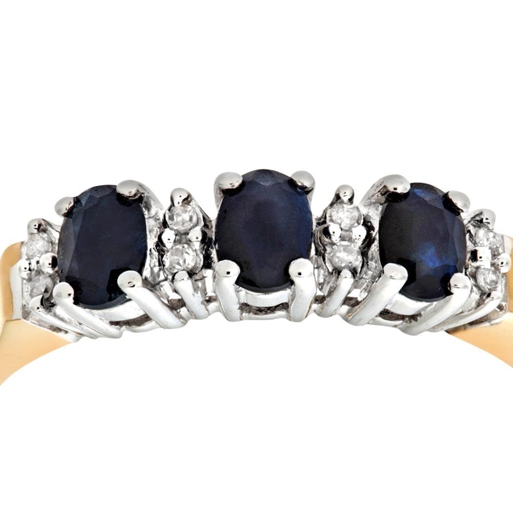 0.9 Ct Oval Natural Blue Sapphire and Diamond Trilogy Ring in 9ct Yellow Gold