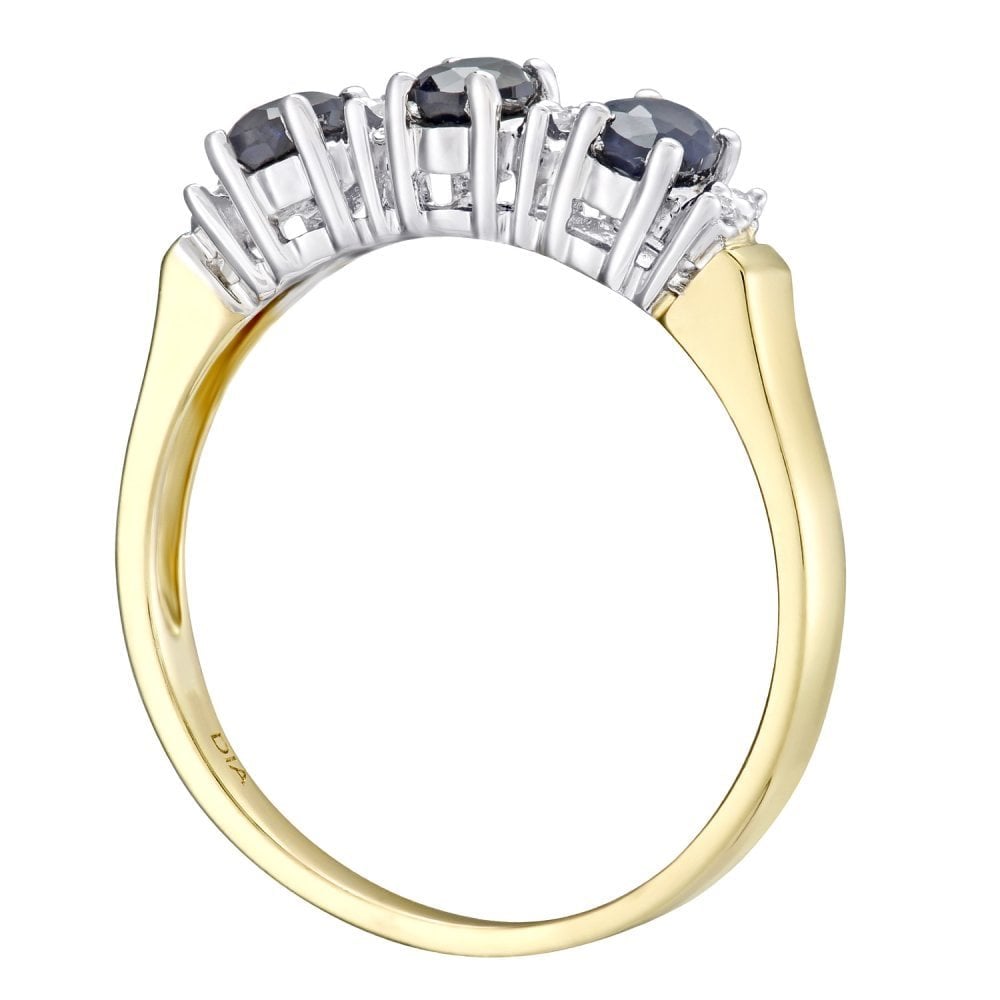 0.9 Ct Oval Natural Blue Sapphire and Diamond Trilogy Ring in 9ct Yellow Gold