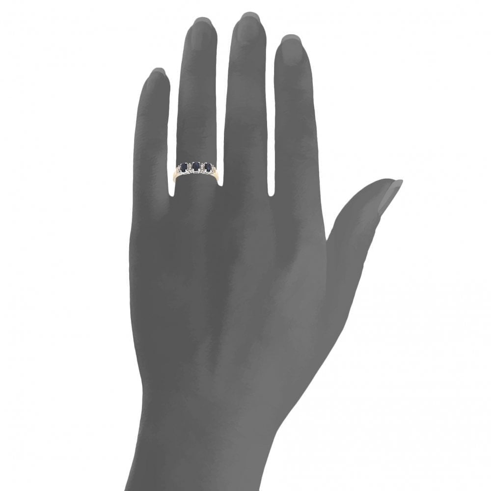 0.9 Ct Oval Natural Blue Sapphire and Diamond Trilogy Ring in 9ct Yellow Gold
