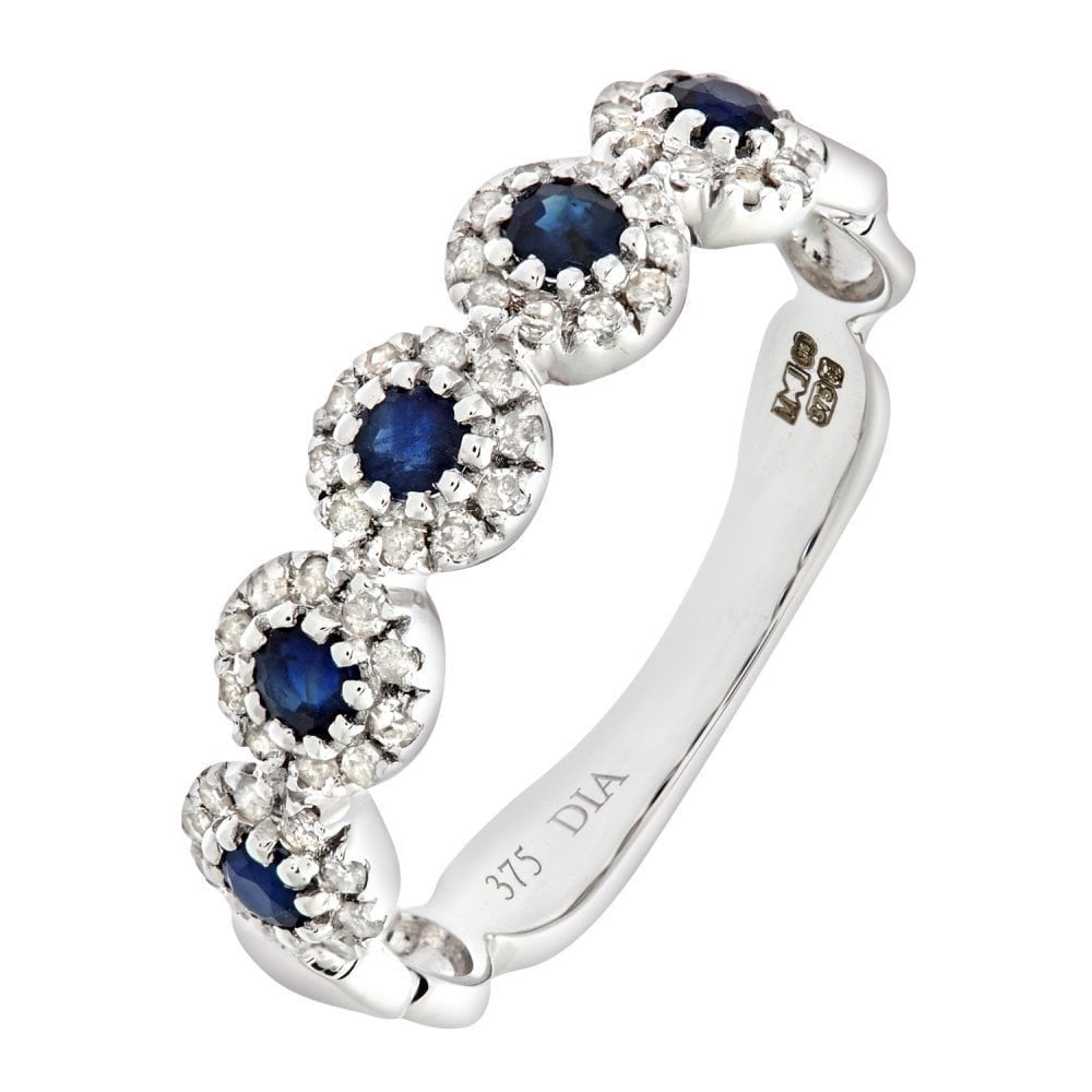 0.58 Ct Round Natural Blue Sapphire and Diamond Half Eternity Ring in 9ct White Gold