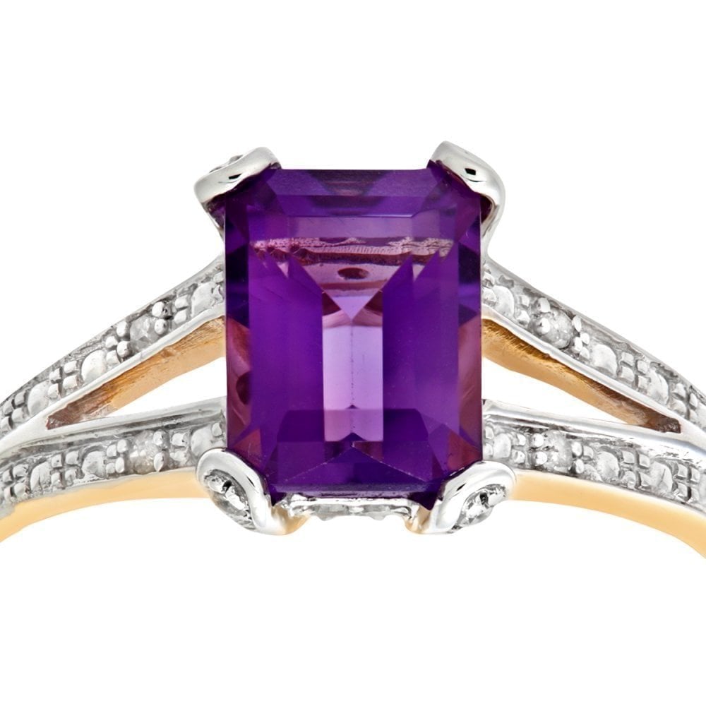 9ct Yellow Gold Single Stone Amethyst with 0.13ct Diamond Set Collette and Shoulders Ladies Ring
