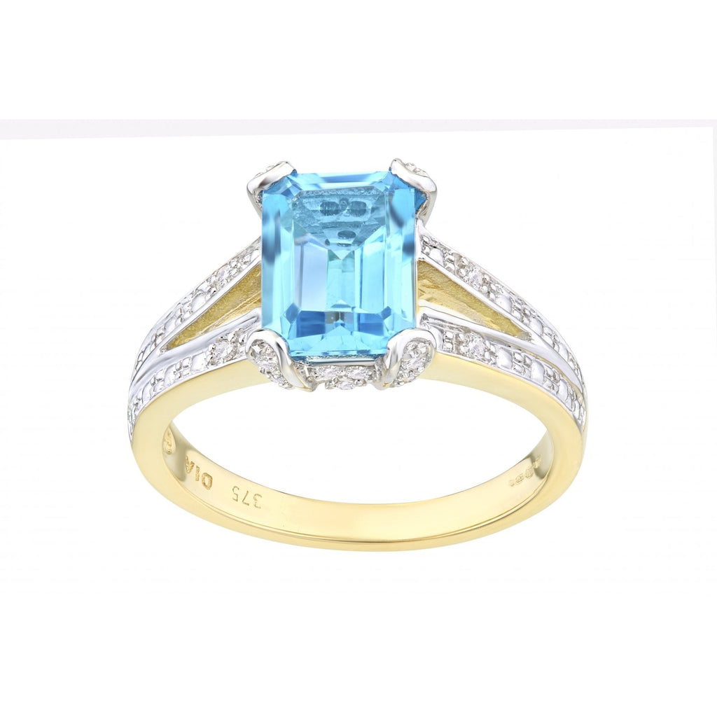 9ct Yellow Gold 2 Carat Sky Blue Topaz and Diamond Split Shank Octagon Engagement Ring