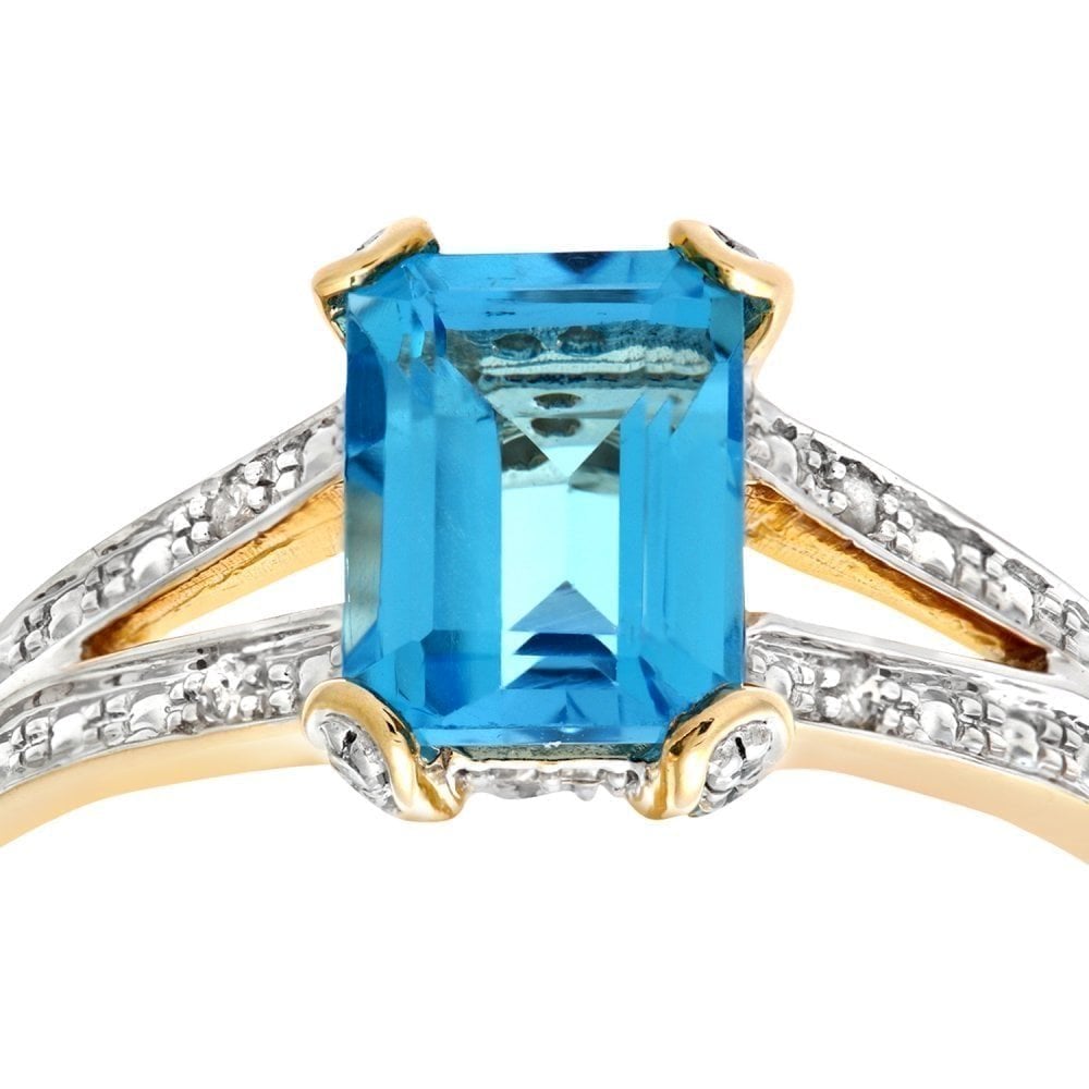 9ct Yellow Gold 2 Carat Sky Blue Topaz and Diamond Split Shank Octagon Engagement Ring