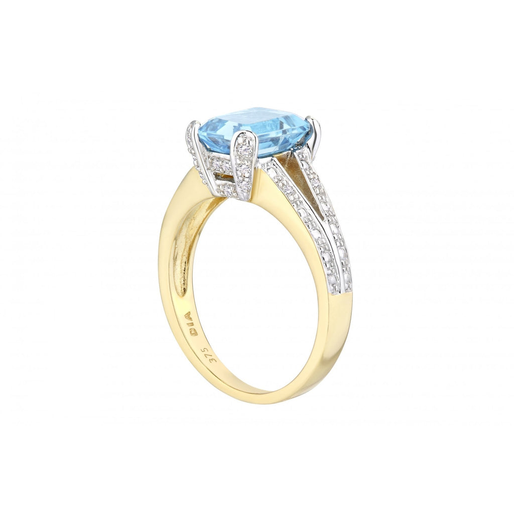 9ct Yellow Gold 2 Carat Sky Blue Topaz and Diamond Split Shank Octagon Engagement Ring