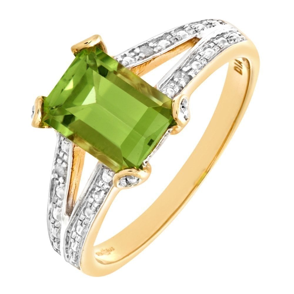 9ct Yellow Gold Single Stone Peridot with 0.13ct Diamond Set Collette and Shoulders Ladies Ring