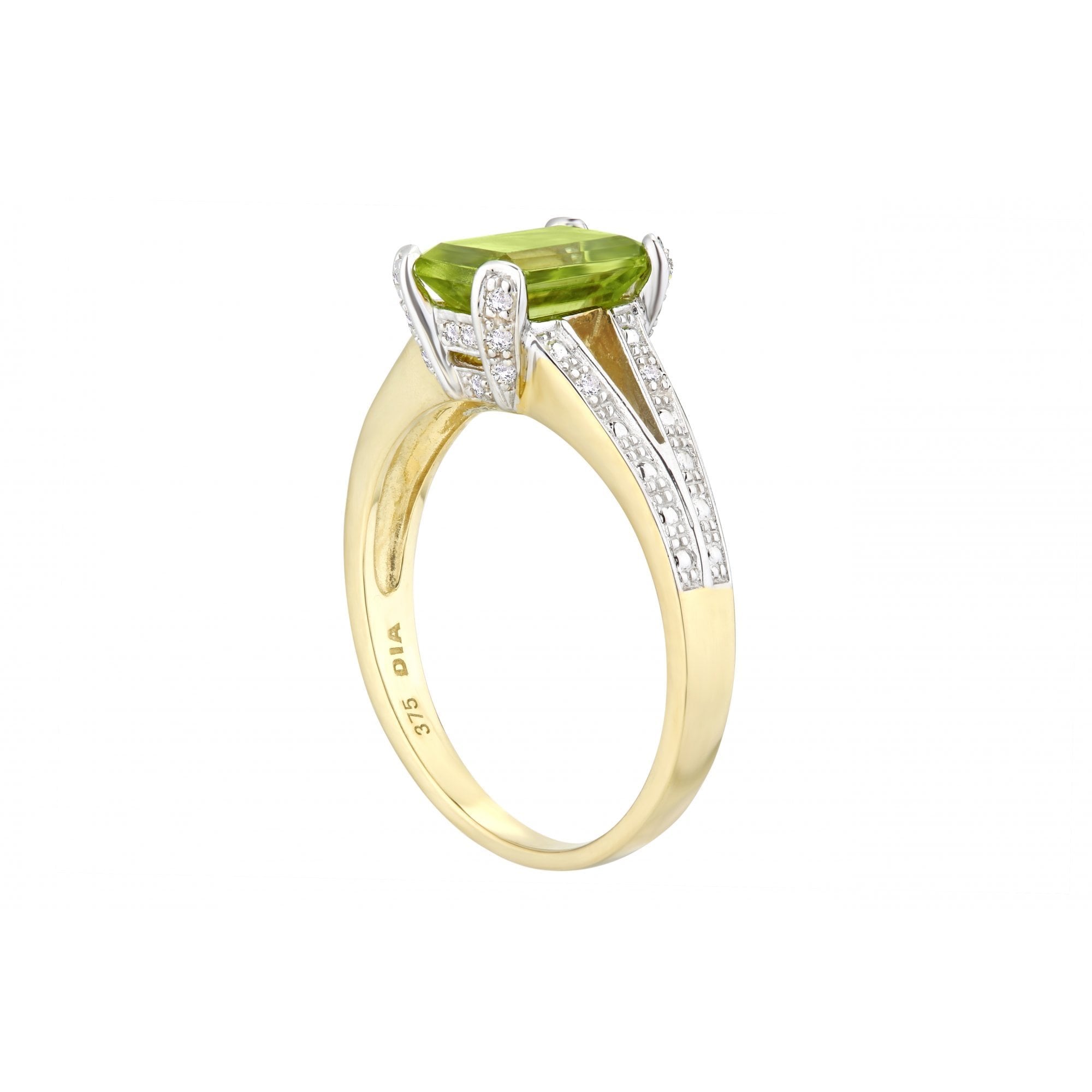 9ct Yellow Gold Single Stone Peridot with 0.13ct Diamond Set Collette and Shoulders Ladies Ring