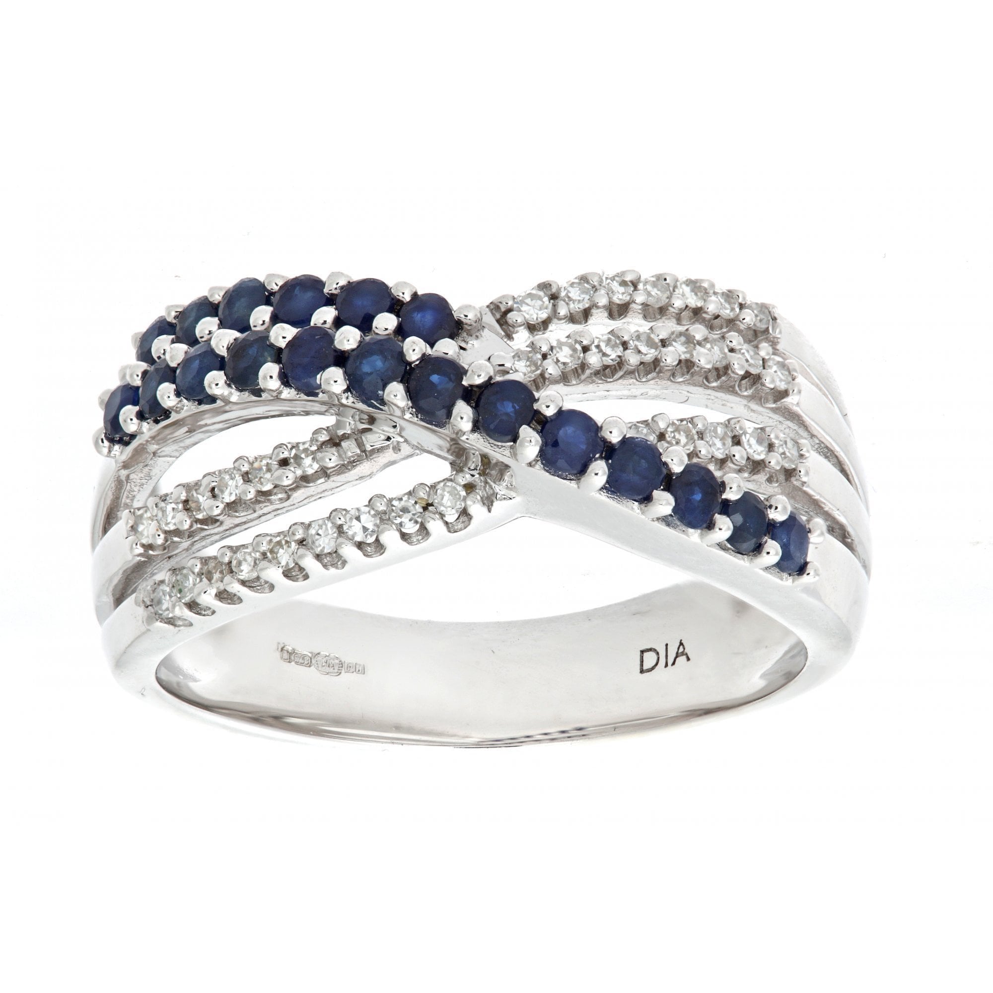 0.75 Ct Natural Blue Sapphire and Diamond Crossover Ring in 9ct White Gold