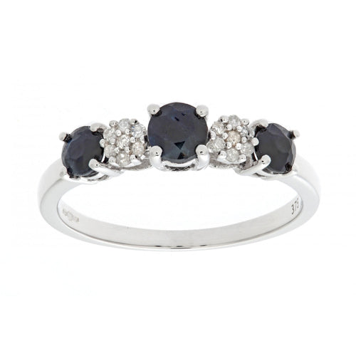 0.92 Ct Round Natural Blue Sapphire and Diamond Trilogy Ring in 9ct White Gold
