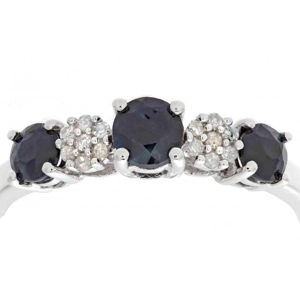 0.92 Ct Round Natural Blue Sapphire and Diamond Trilogy Ring in 9ct White Gold