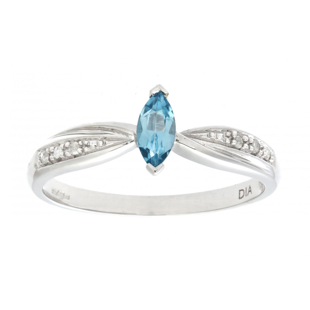 Ladies 9ct White Gold 0.03ct Diamond and Marquise Blue Topaz Ring