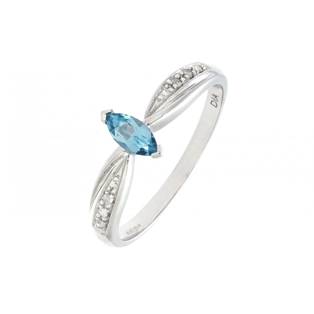 Ladies 9ct White Gold 0.03ct Diamond and Marquise Blue Topaz Ring