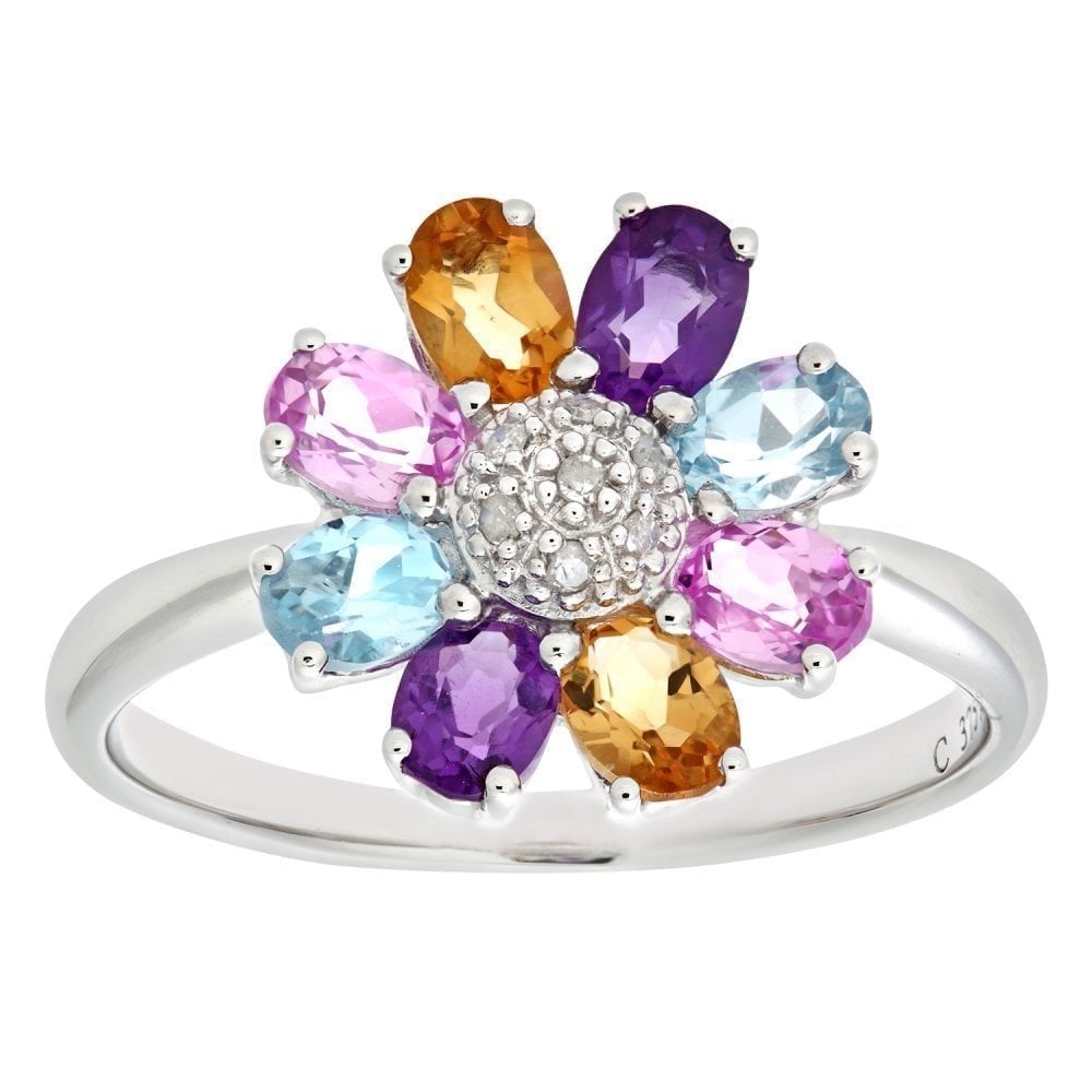 9ct White Gold Ladies 0.03ct Diamond, Citrine, Amethyst, Blue and Pink Topaz Ring