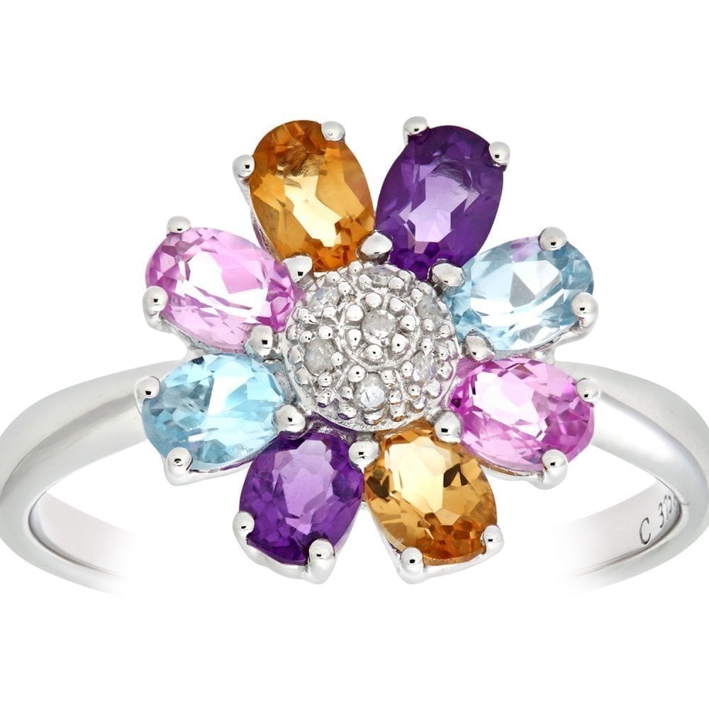 9ct White Gold Ladies 0.03ct Diamond, Citrine, Amethyst, Blue and Pink Topaz Ring