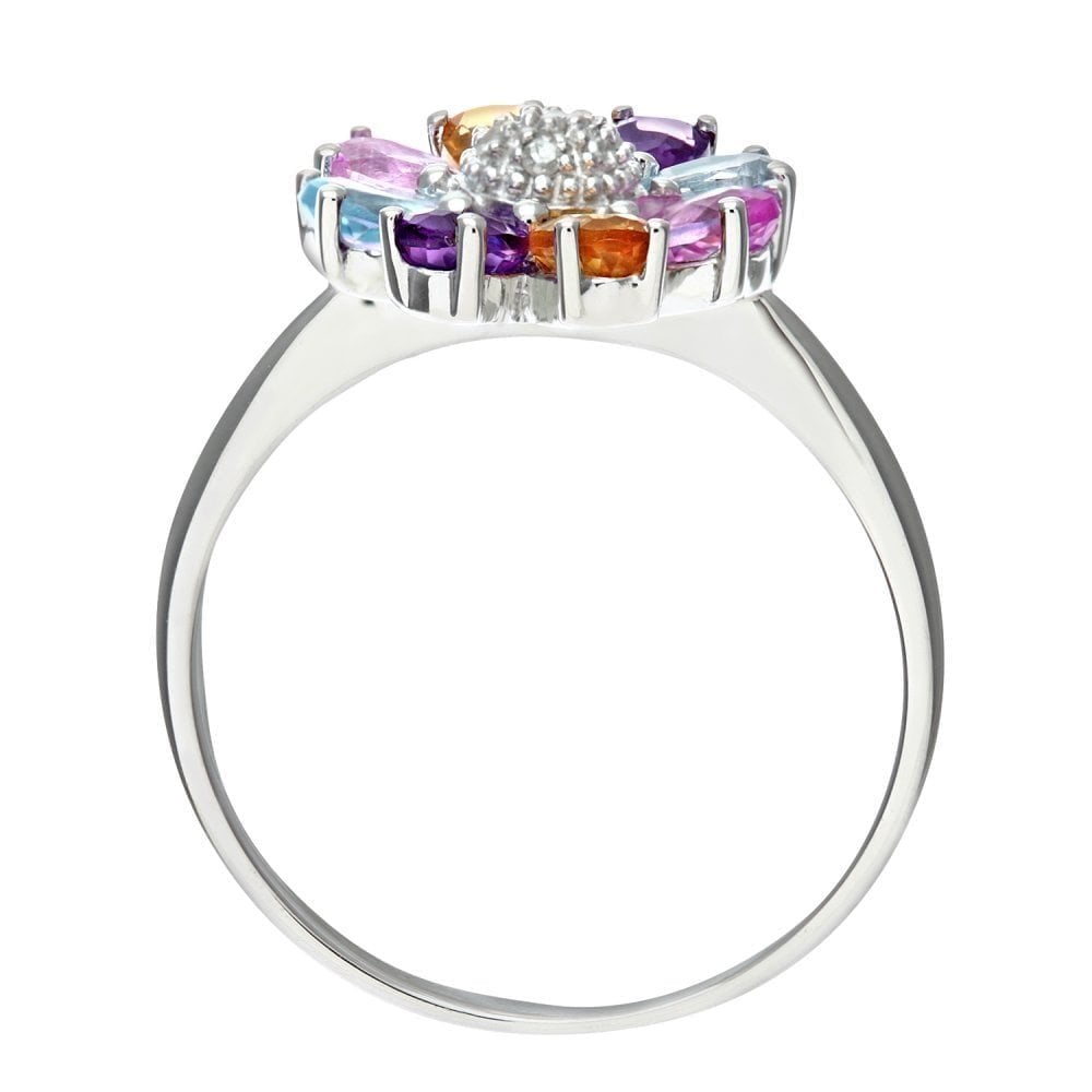 9ct White Gold Ladies 0.03ct Diamond, Citrine, Amethyst, Blue and Pink Topaz Ring