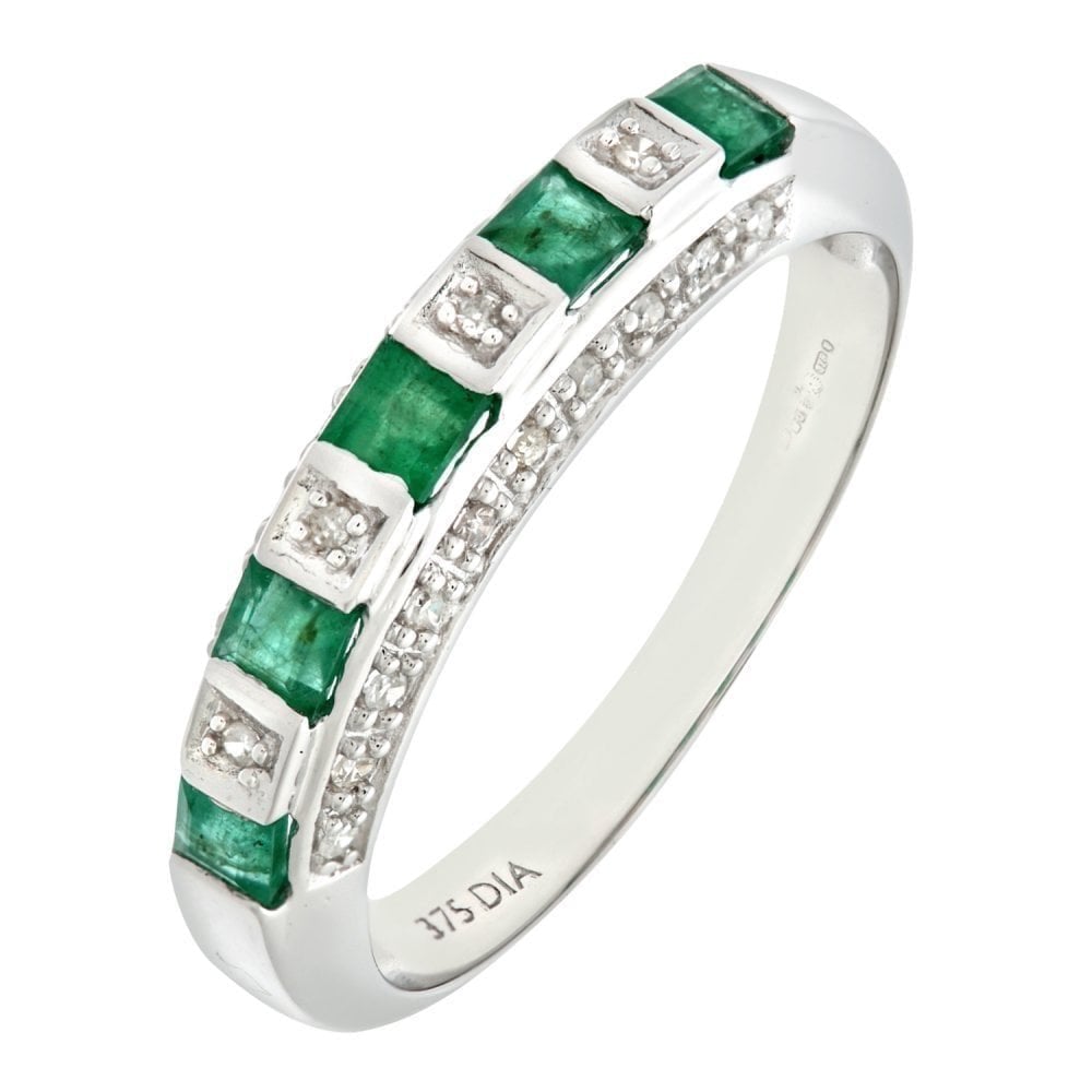 9ct White Gold 0.45ct Square Emerald  & 0.10ct Diamond Eternity Ring