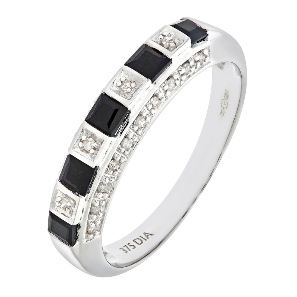 0.69 Ct Princess Natural Blue Sapphire and Diamond Half Eternity Ring in 9ct White Gold