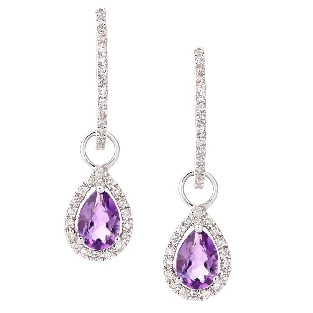 9ct White Gold Amethyst Teardrop 0.20ct Diamond Earrings