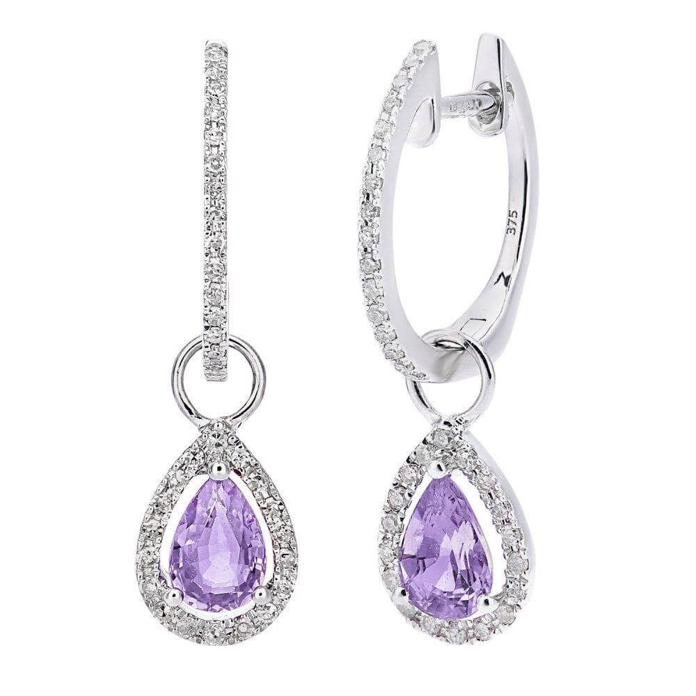 9ct White Gold Amethyst Teardrop 0.20ct Diamond Earrings