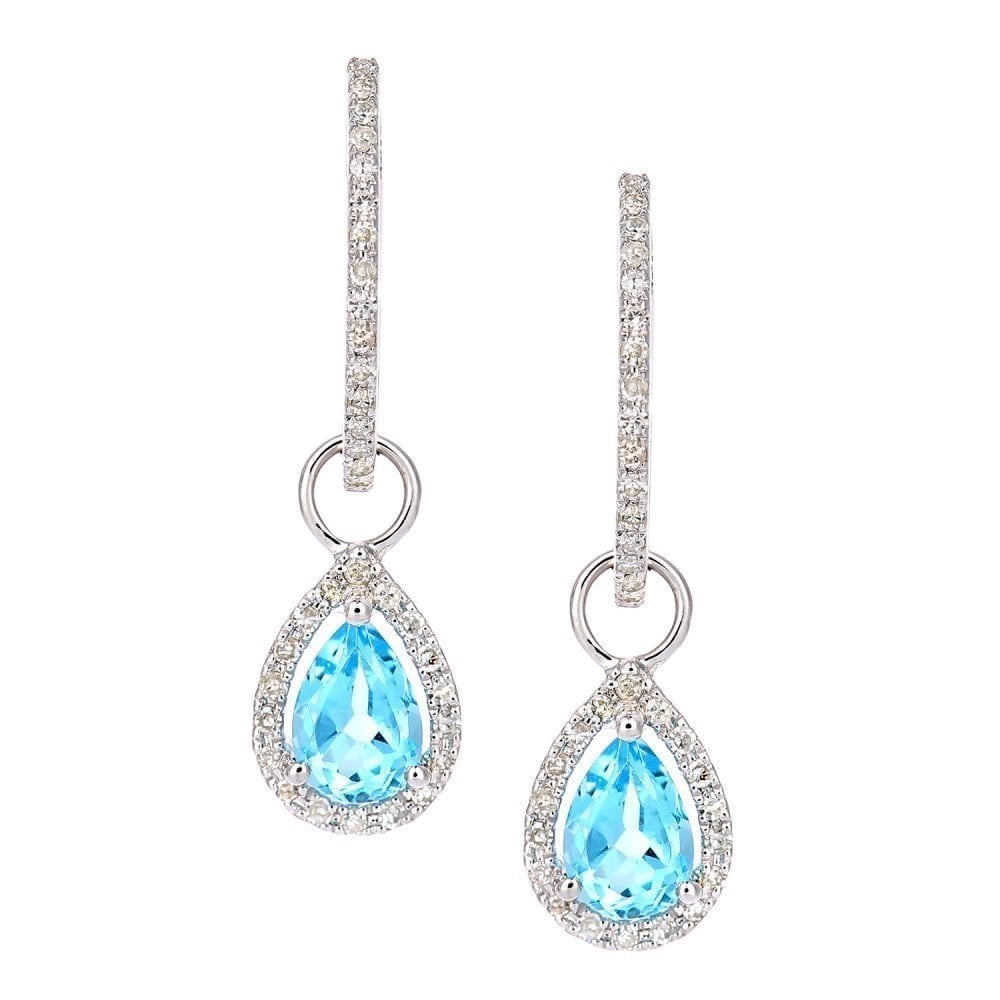 9ct White Gold 1 Carat Pear Swiss Blue Topaz and Genuine Diamond Drop Earrings
