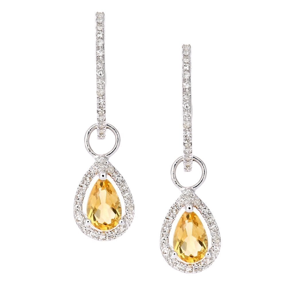 9ct White Gold Citrine Pear and Diamond Drop Earrings