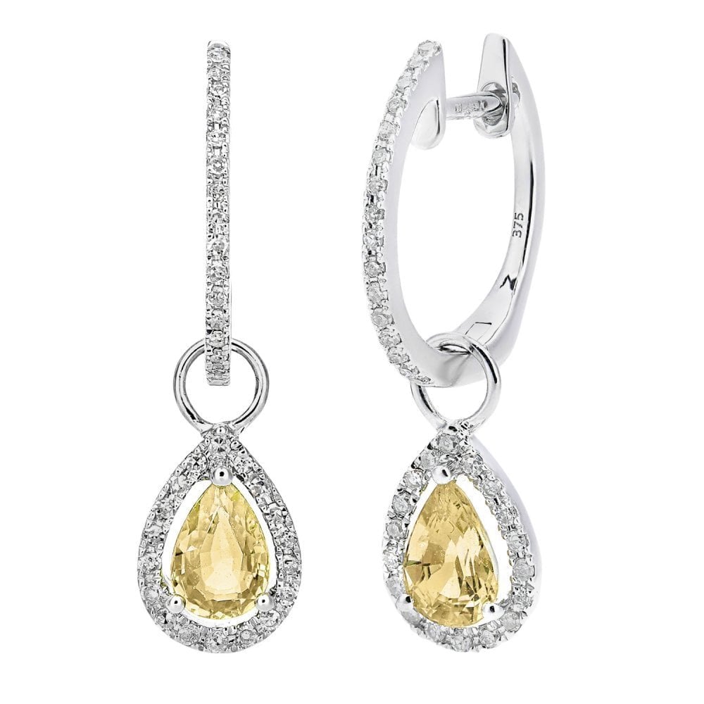 9ct White Gold Citrine Pear and Diamond Drop Earrings