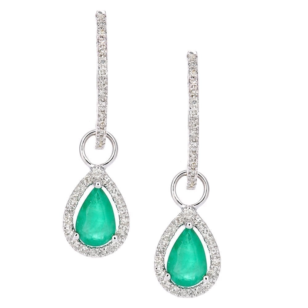 9ct White Gold 0.70ct Pear Emerald & 0.20ct Diamond Teardrop Earrings