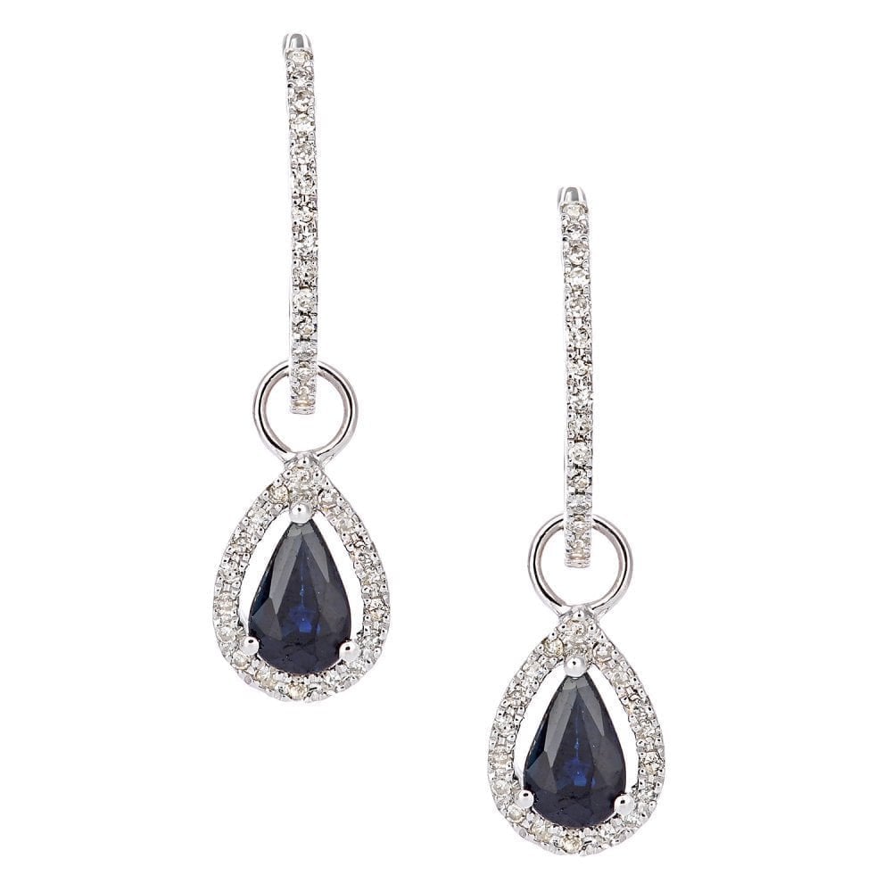 1.15 Ct Pear Natural Blue Sapphire and Diamond Drop Earrings in 9ct White Gold
