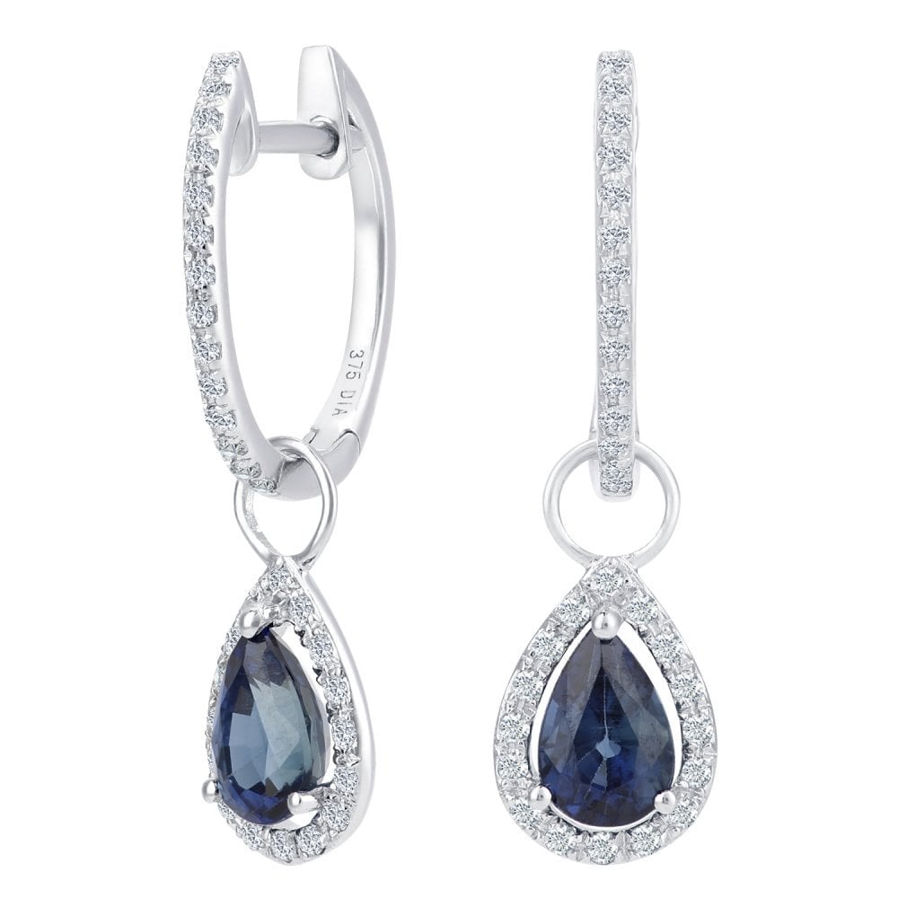 1.15 Ct Pear Natural Blue Sapphire and Diamond Drop Earrings in 9ct White Gold