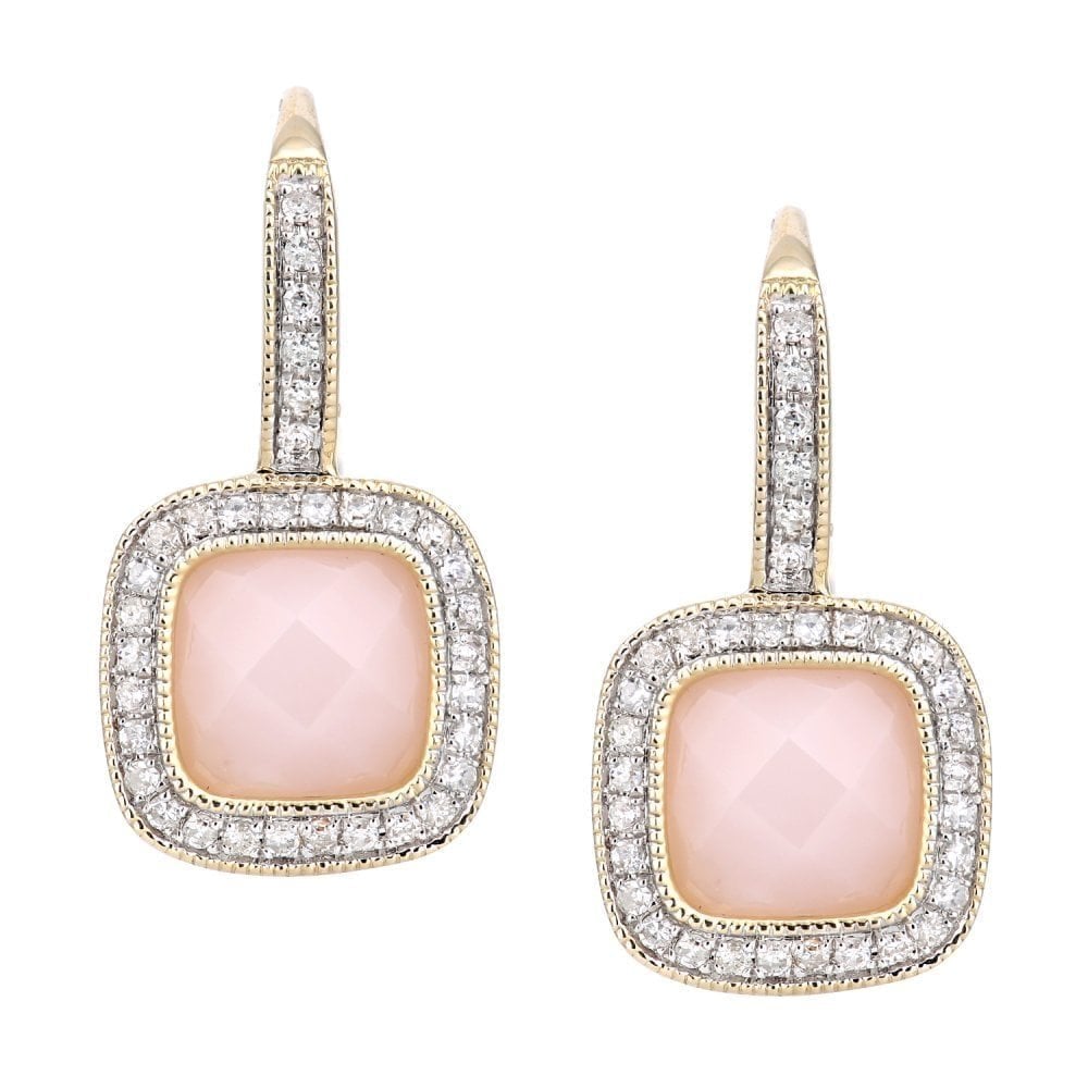 9ct Yellow Gold Cushion Pink Opal and 0.20ct Diamond Drop Earrings