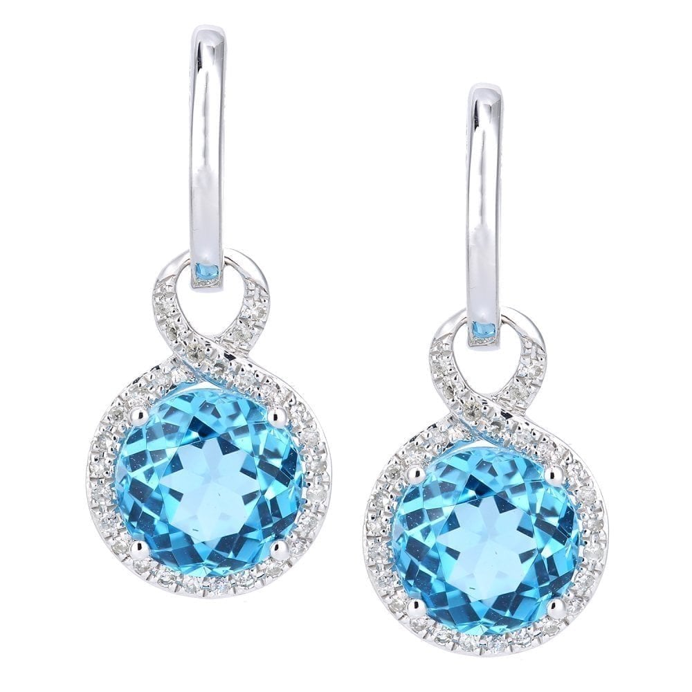 Swiss Blue Topaz and Diamond Halo Drop Earrings in 9ct White Gold