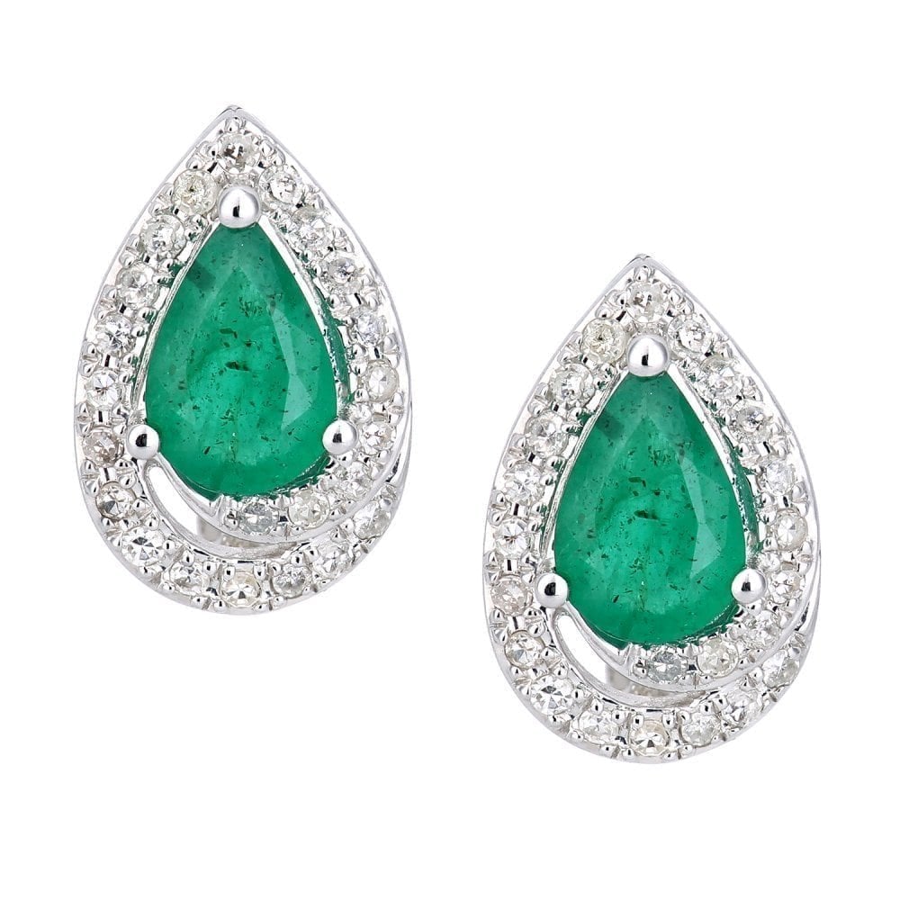 9ct White Gold 0.73ct Pear Emerald & 0.20ct Diamond Teardrop Stud Earrings