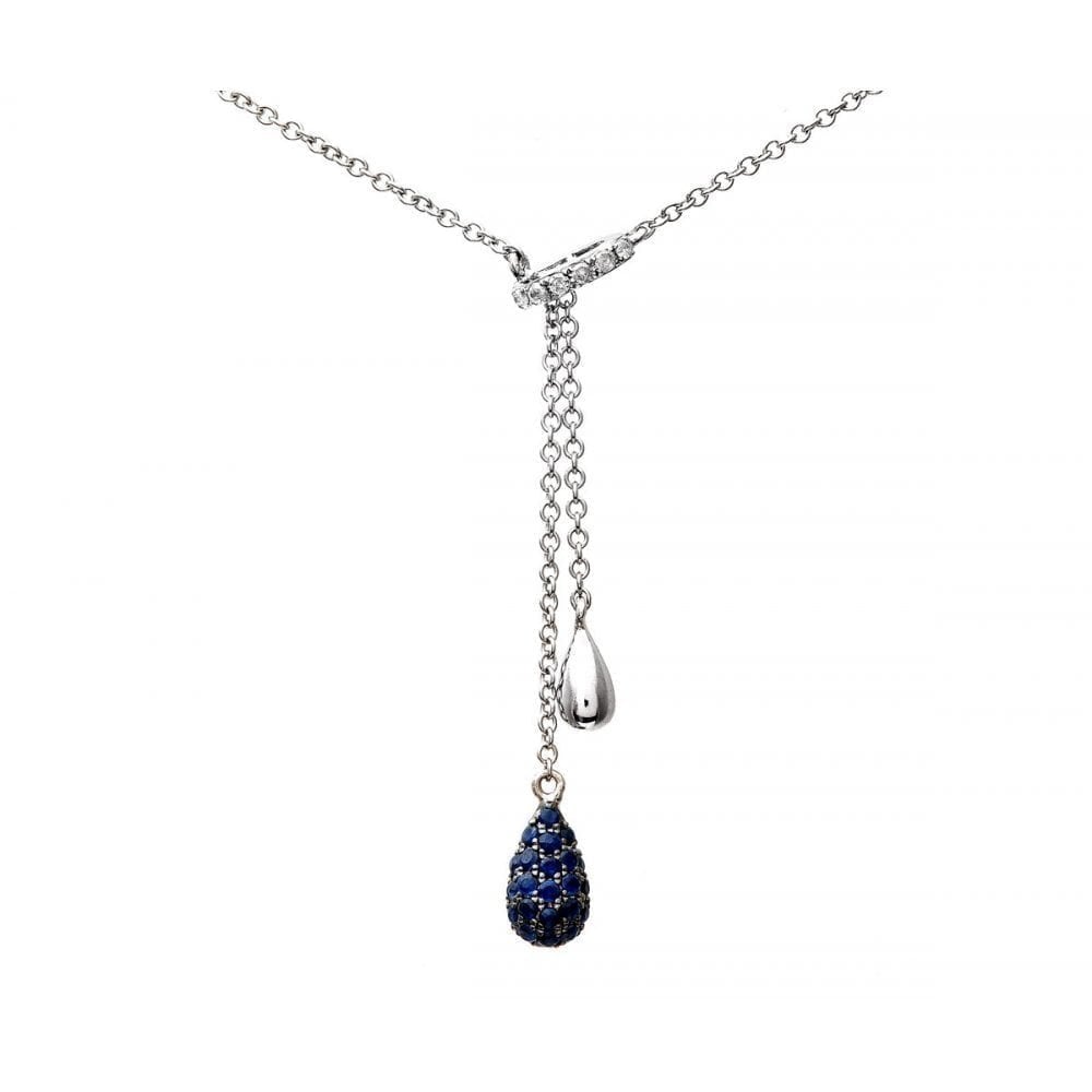 Natural Blue Sapphire and Diamond Clustr Drops Necklace in 9ct White Gold Size 18 Inches