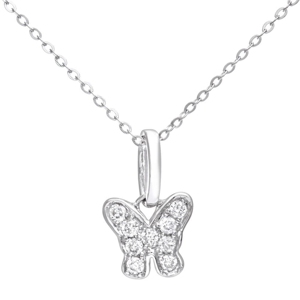 9ct White Gold 0.10 Carat Natural Diamond Butterfly Necklace, I1 H-I Size 18 Inch