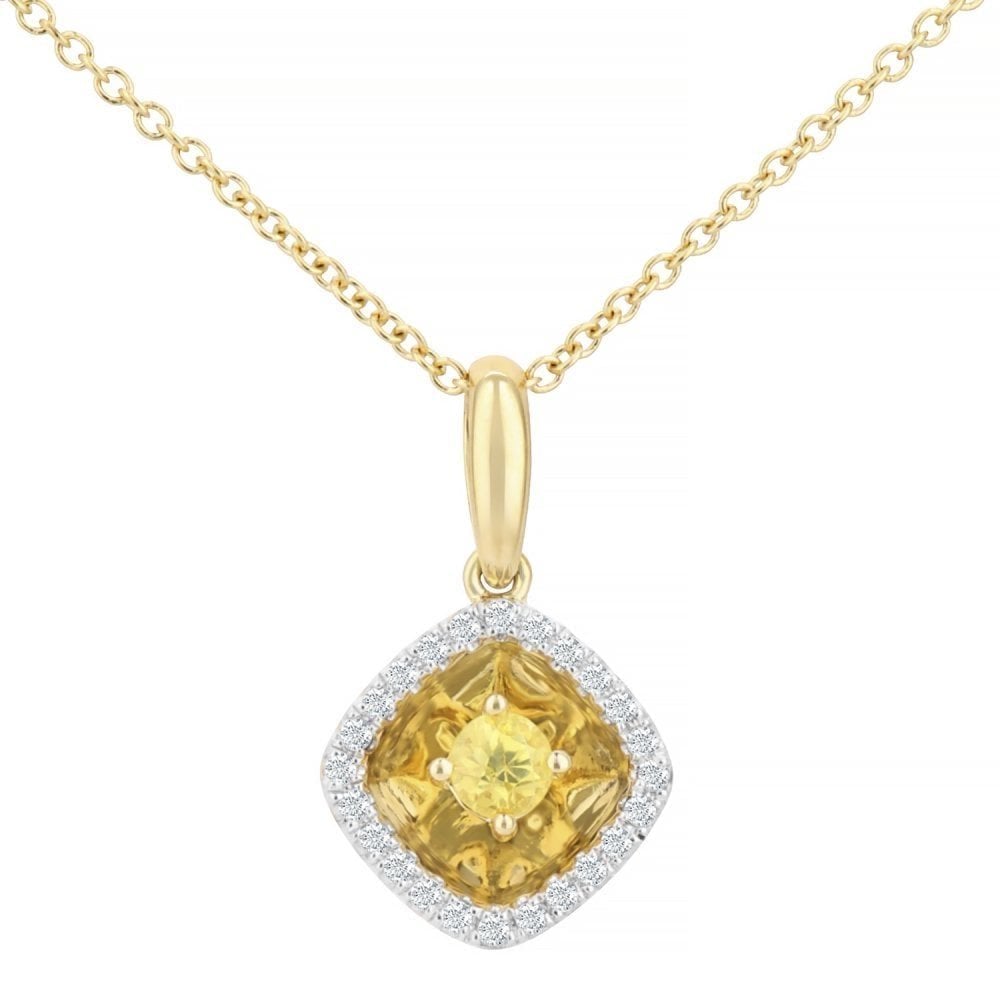 Round Natural Yellow Sapphire and Diamond Halo Necklace with Chain in 18ct Yellow Gold