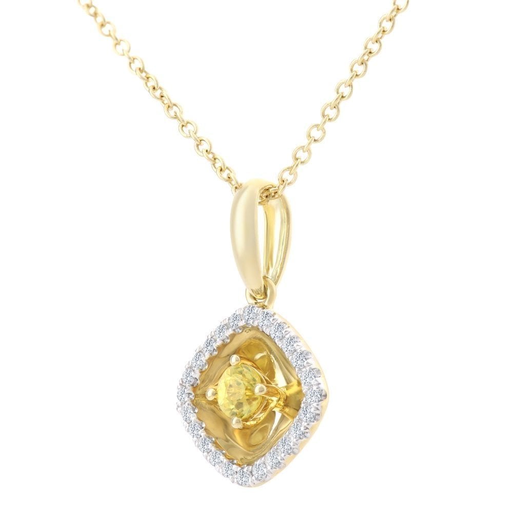 Round Natural Yellow Sapphire and Diamond Halo Necklace with Chain in 18ct Yellow Gold