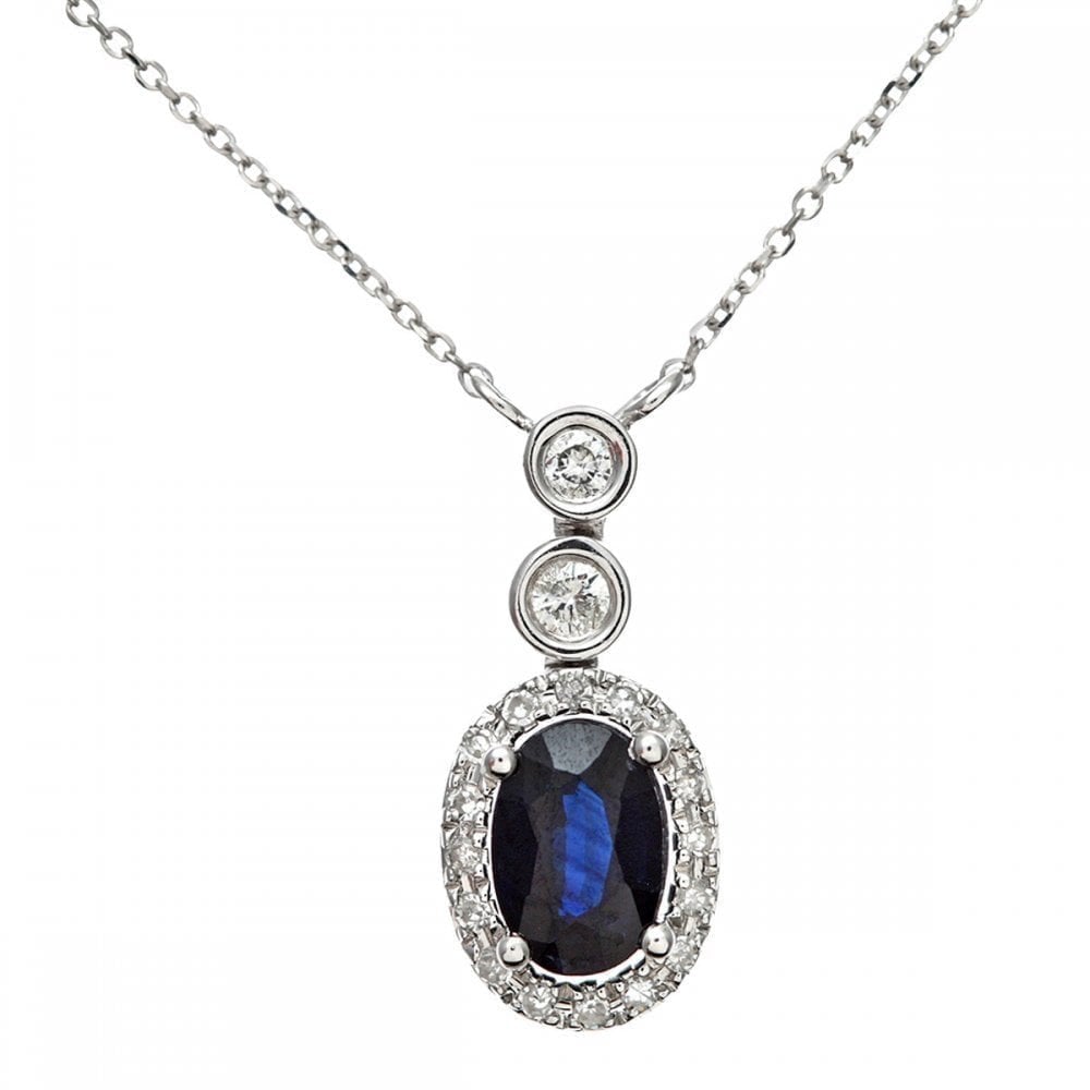 Oval Natural Blue Sapphire and Diamond Halo Necklace with Chain in 9ct White Gold