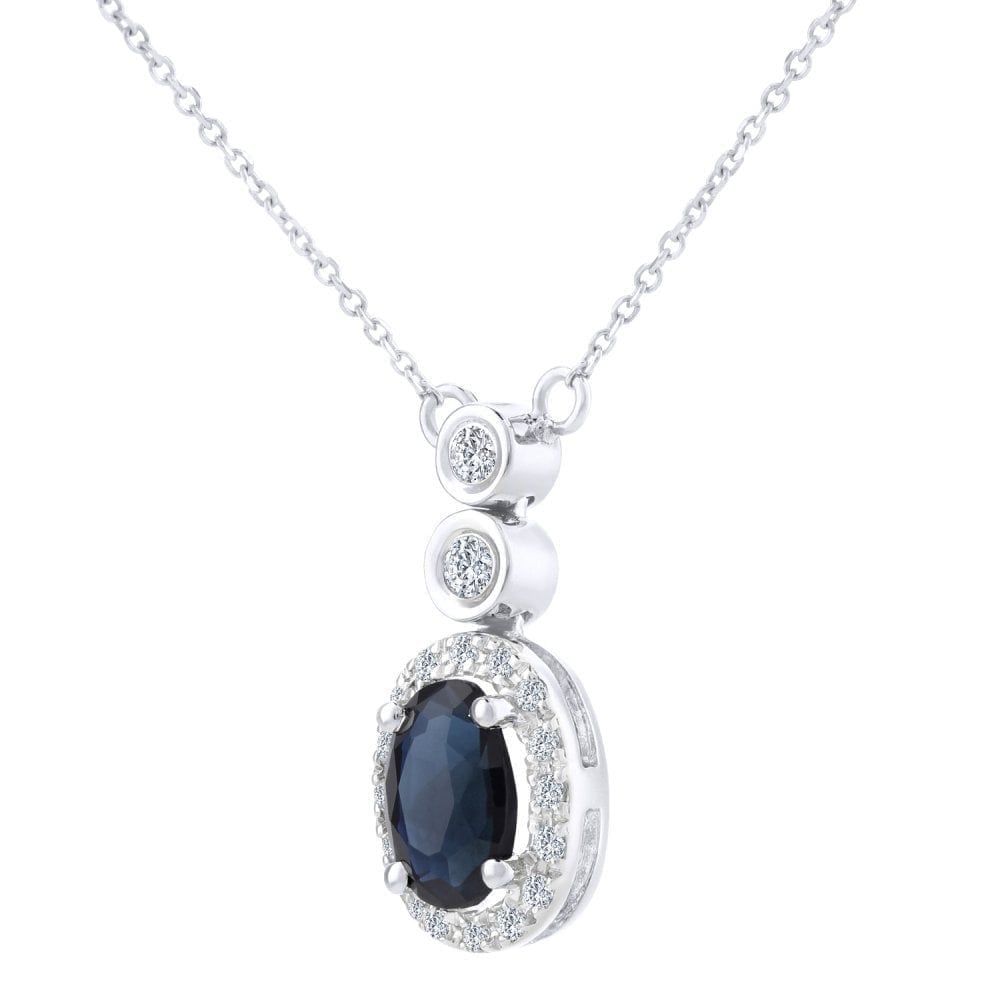 Oval Natural Blue Sapphire and Diamond Halo Necklace with Chain in 9ct White Gold