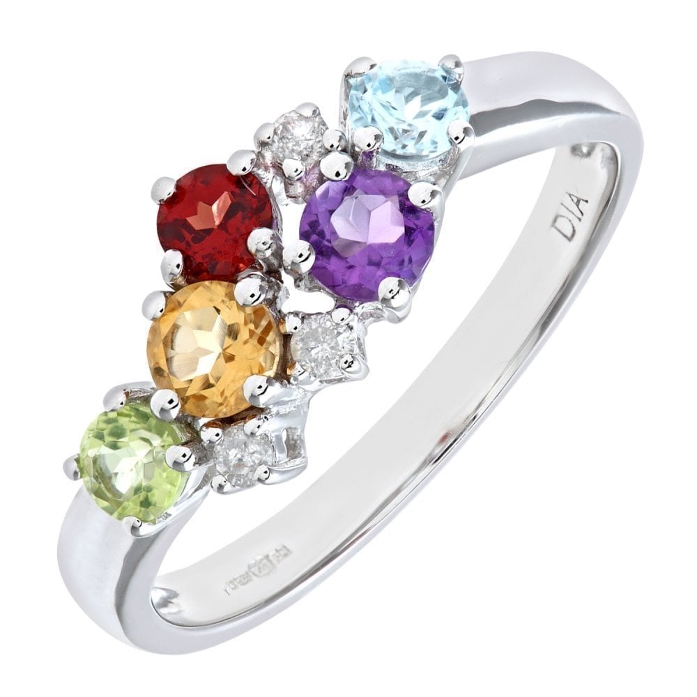 Ladies 9ct White Gold 0.06ct Diamond and Multi Gem Stone Dress Ring