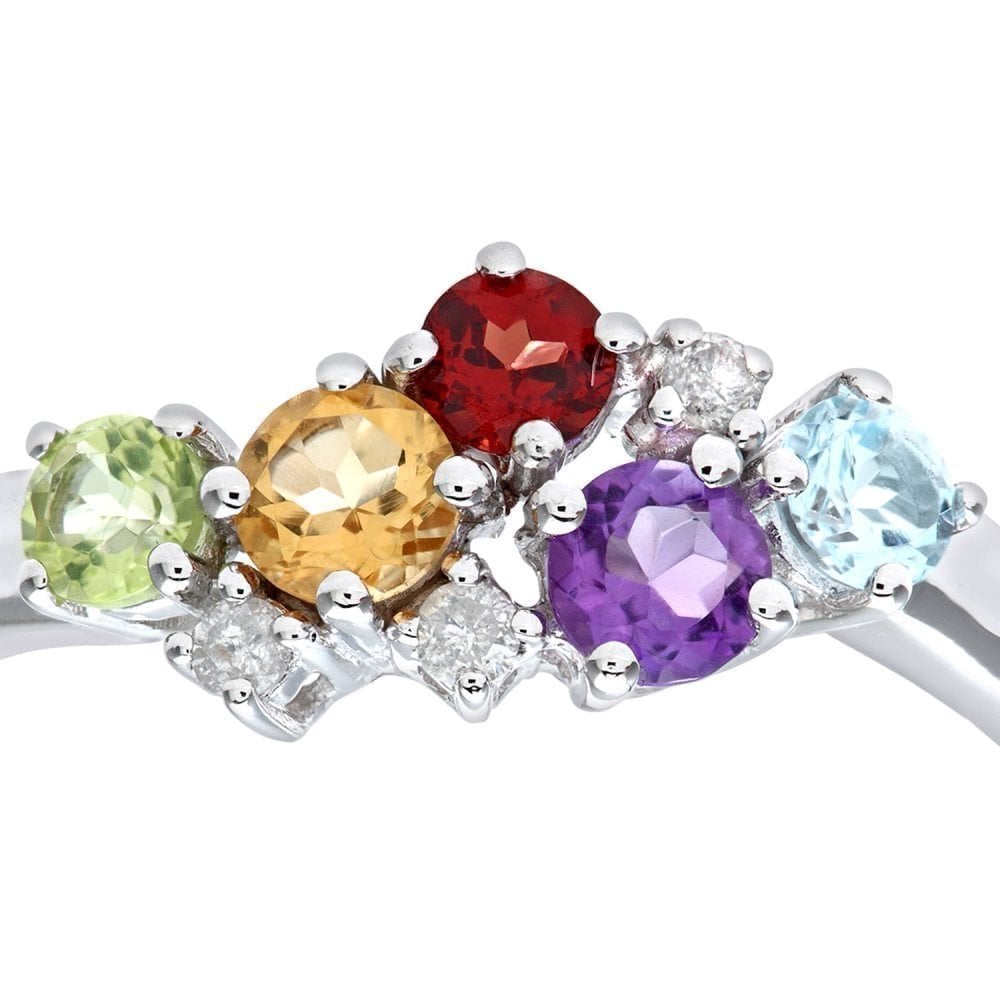 Ladies 9ct White Gold 0.06ct Diamond and Multi Gem Stone Dress Ring