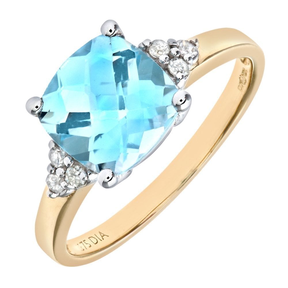 9ct Yellow Gold 2.65 Carat Sky Blue Topaz Cushion Solitaire Engagement Ring