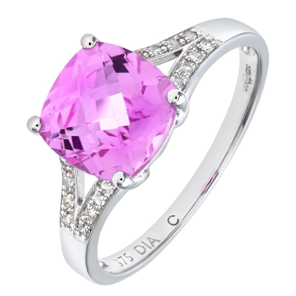 9ct White Gold Created Pink Sapphire Ring With 0.07ct Diamond Shoulders
