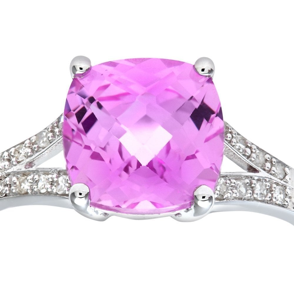 9ct White Gold Created Pink Sapphire Ring With 0.07ct Diamond Shoulders
