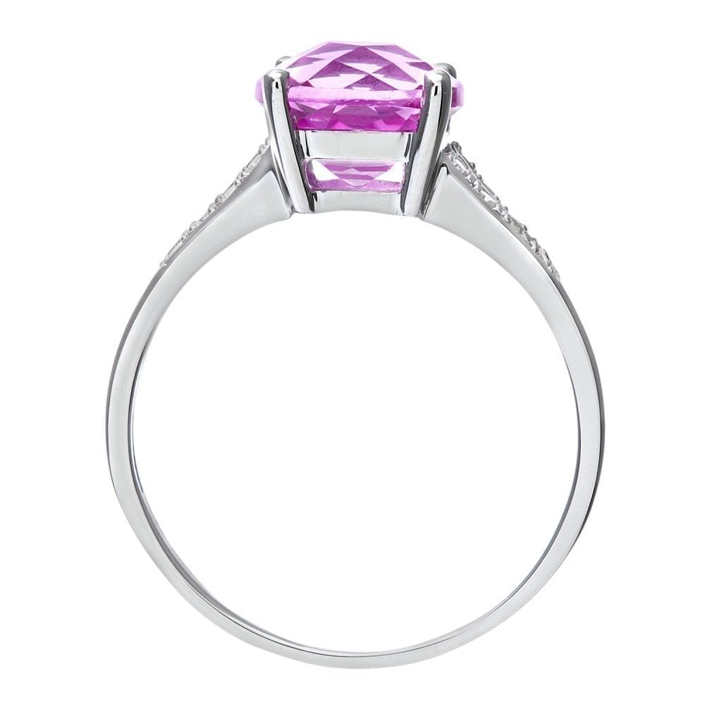9ct White Gold Created Pink Sapphire Ring With 0.07ct Diamond Shoulders