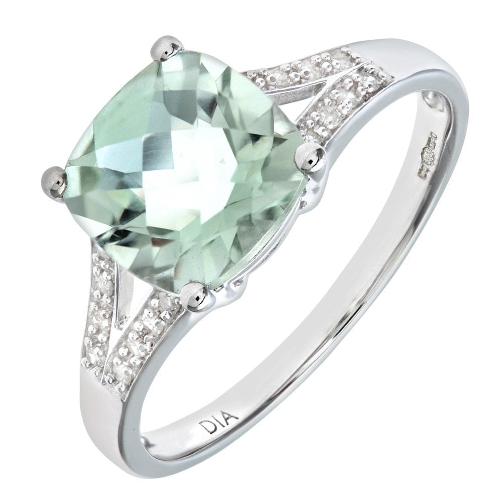 9ct White Gold Green Amethyst and Diamond Ring