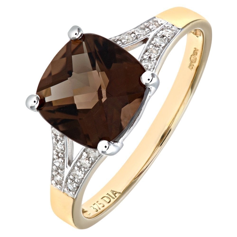 9ct Yellow Gold Cushion Cut Smokey Ring Wth 0.07ct Diamond Shoulders