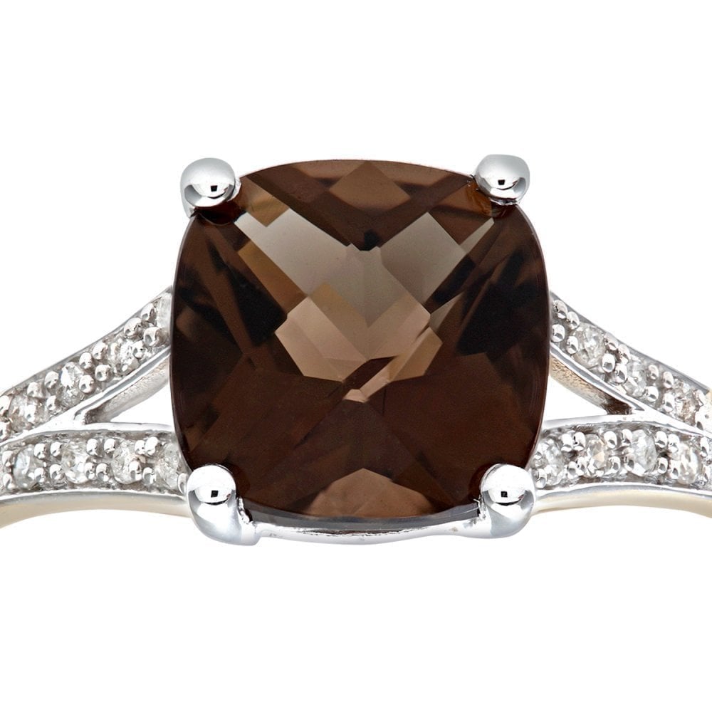 9ct Yellow Gold Cushion Cut Smokey Ring Wth 0.07ct Diamond Shoulders